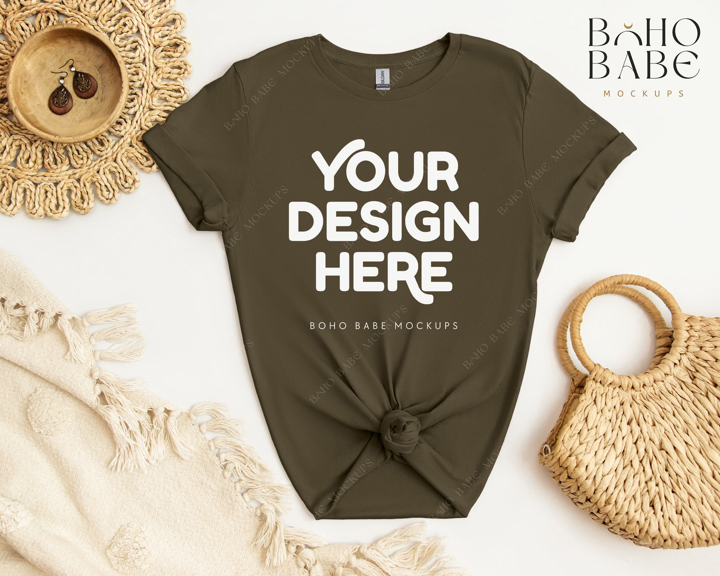 Gildan 64000 OLIVE T-shirt Mockup | Boho Babe Flatlay Mockup Design Vol.2