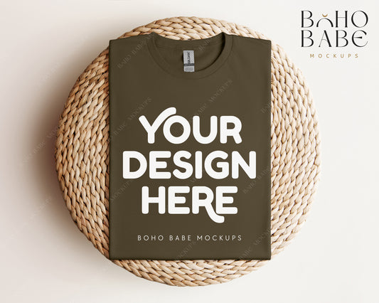 Gildan 64000 OLIVE T-shirt Mockup | Boho Babe Folded Mockup Design Vol.1