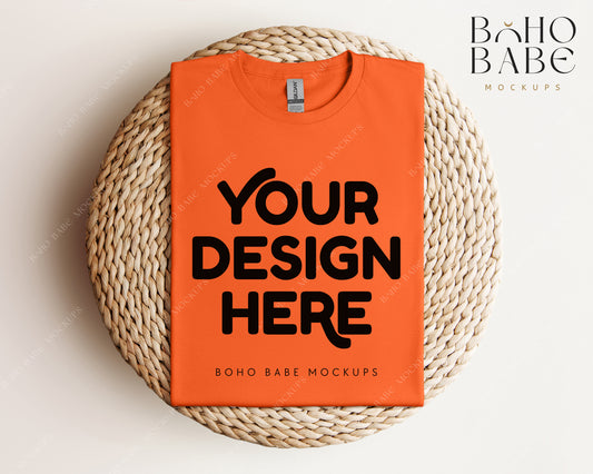 Gildan 64000 ORANGE T-shirt Mockup | Boho Babe Folded Mockup Design Vol.1