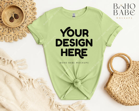 Gildan 64000 PISTACHIO T-shirt Mockup | Boho Babe Flatlay Mockup Design Vol.2