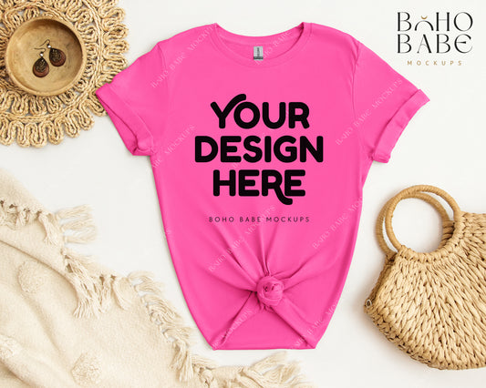 Gildan 64000 SAFETY PINK T-shirt Mockup | Boho Babe Flatlay Mockup Design Vol.2