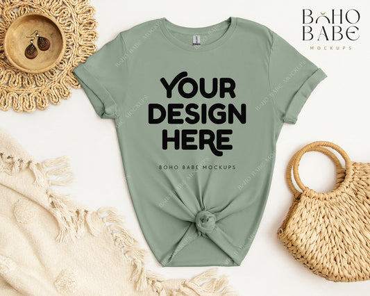 Gildan 64000 SAGE T-shirt Mockup | Boho Babe Flatlay Mockup Design Vol.2