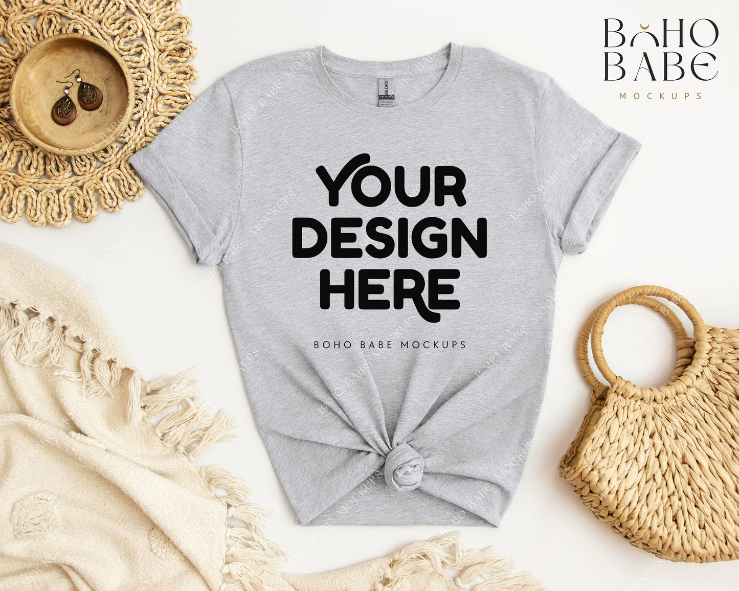 Gildan 64000 SPORT GREY T-shirt Mockup | Boho Babe Flatlay Mockup Design Vol.2