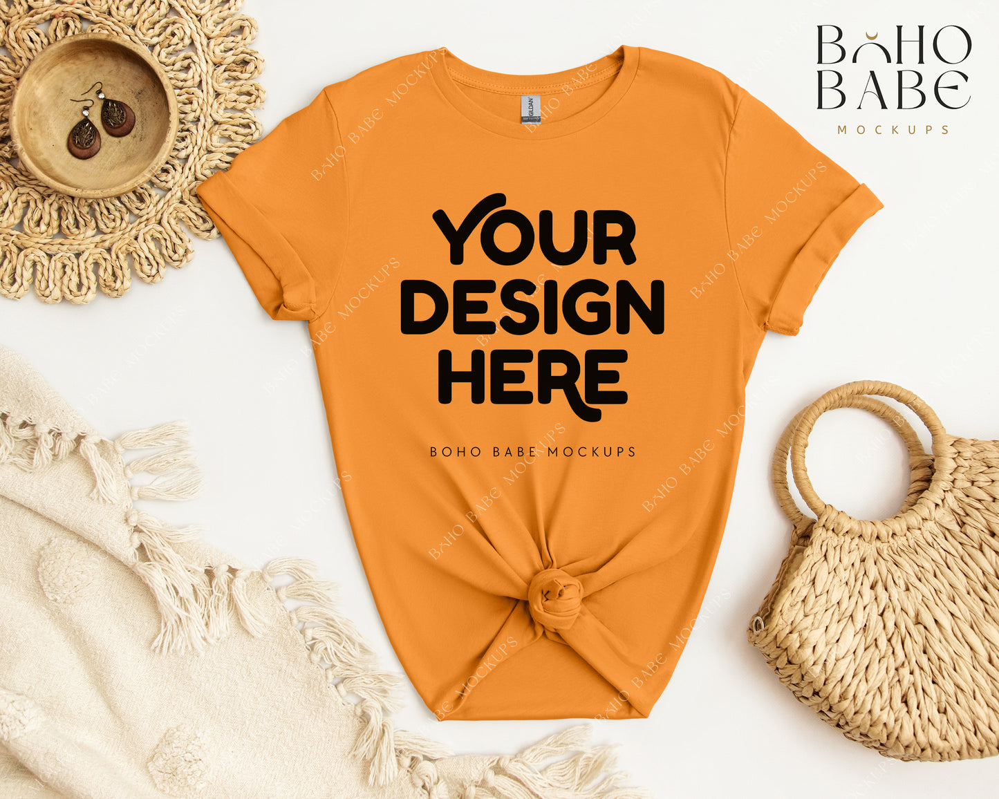 Gildan 64000 TENNESSEE ORANGE T-shirt Mockup | Boho Babe Flatlay Mockup Design Vol.2