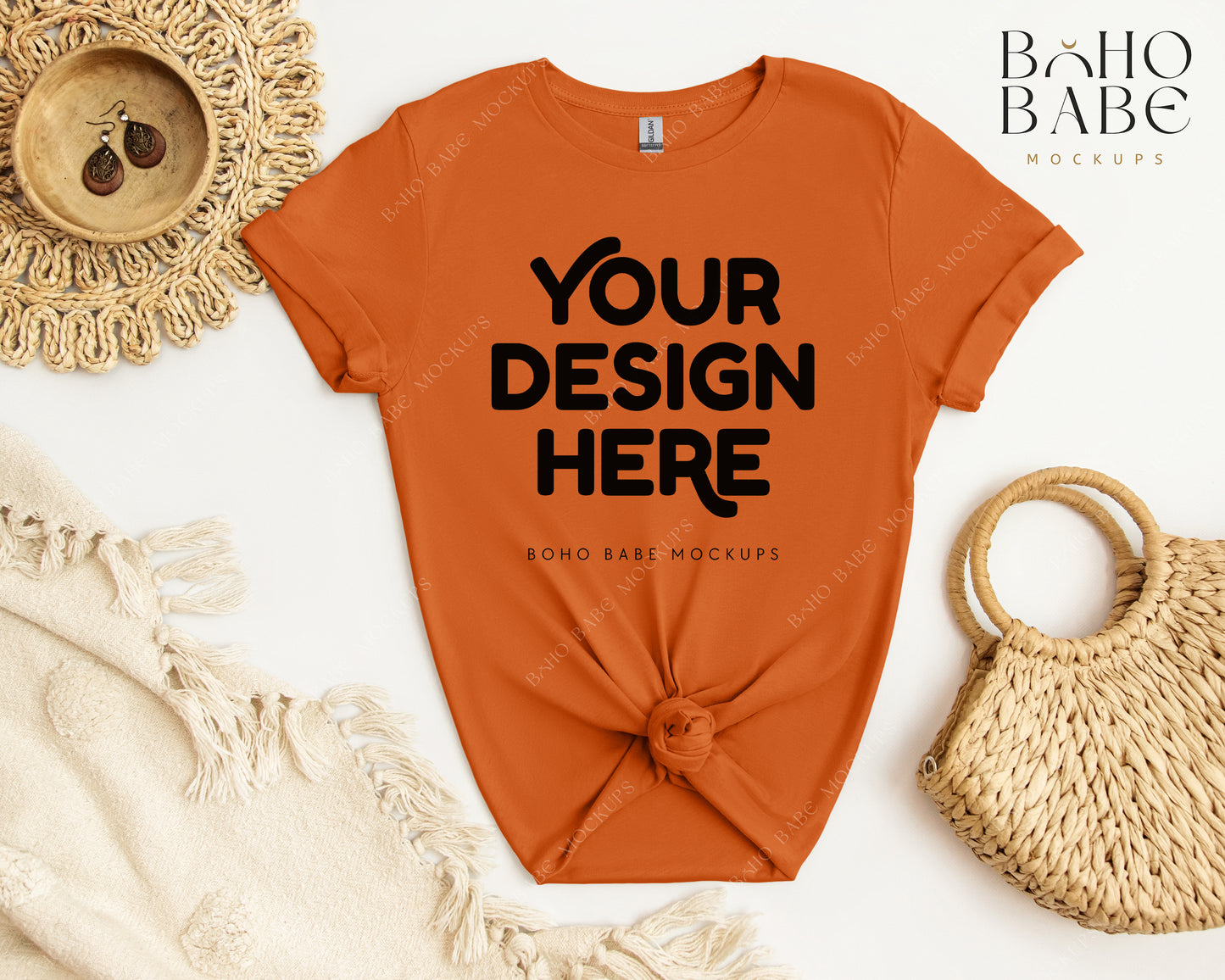 Gildan 64000 TEXAS ORANGE T-shirt Mockup | Boho Babe Flatlay Mockup Design Vol.2