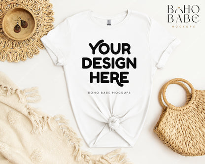 Gildan 64000 WHITE T-shirt Mockup | Boho Babe Flatlay Mockup Design Vol.2