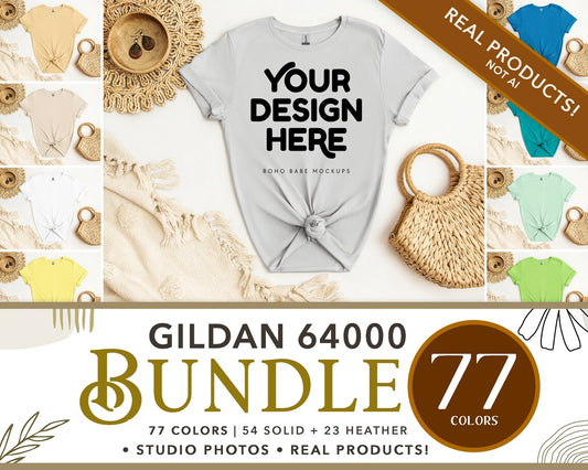Gildan 64000 T-shirt Mockup Bundle | Boho Babe Flatlay Mockup Design - Vol.2