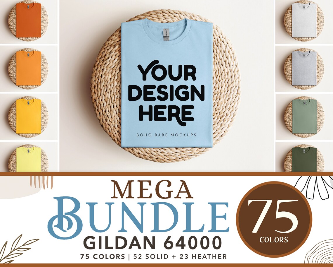 Gildan 64000 T-shirt Mockup Bundle | Boho Babe Folded Mockup Design - Vol.1