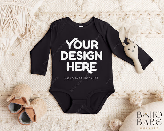 Rabbit Skins 4411 BLACK Long Sleeve Bodysuit Mockup | Boho Babe Flatlay Mockup Design Vol.1