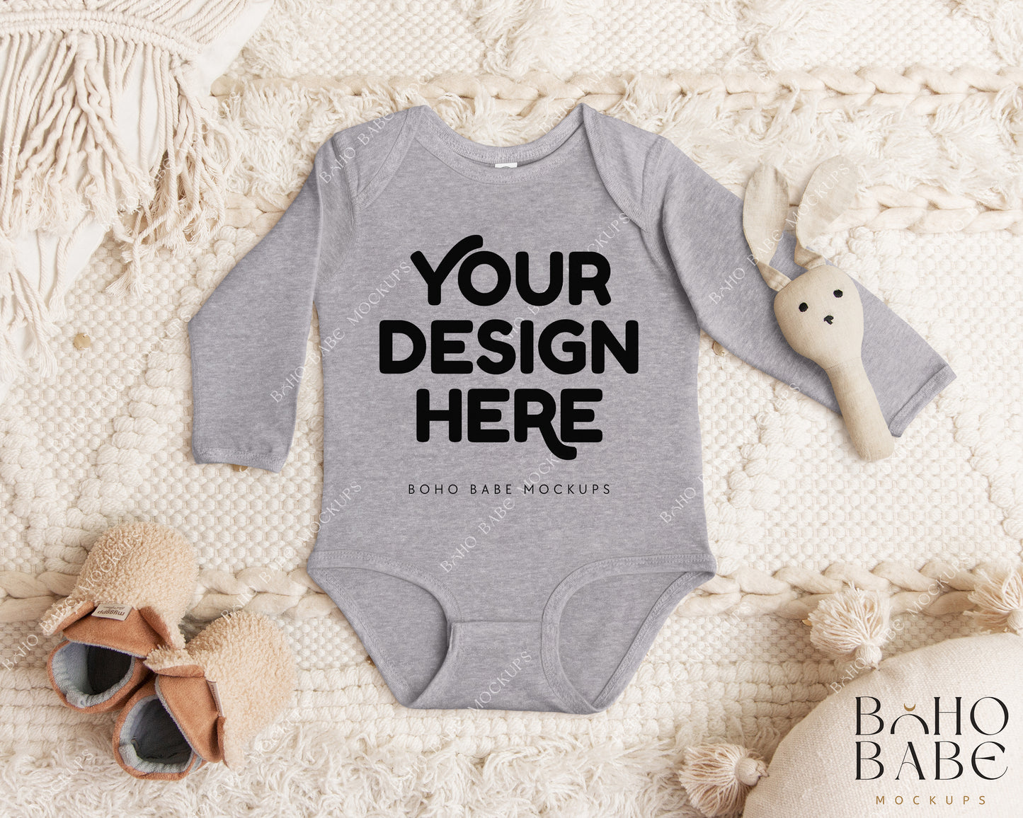 Rabbit Skins 4411 HEATHER Long Sleeve Bodysuit Mockup | Boho Babe Flatlay Mockup Design Vol.1