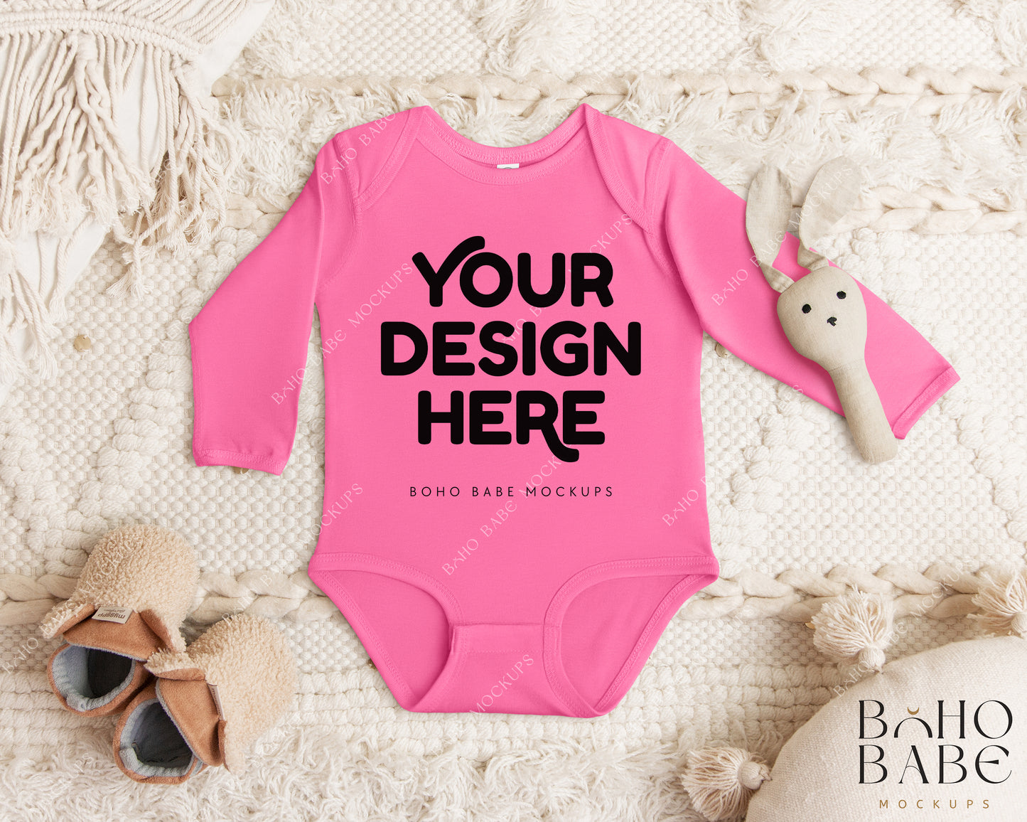 Rabbit Skins 4411 HOT PINK Long Sleeve Bodysuit Mockup | Boho Babe Flatlay Mockup Design Vol.1