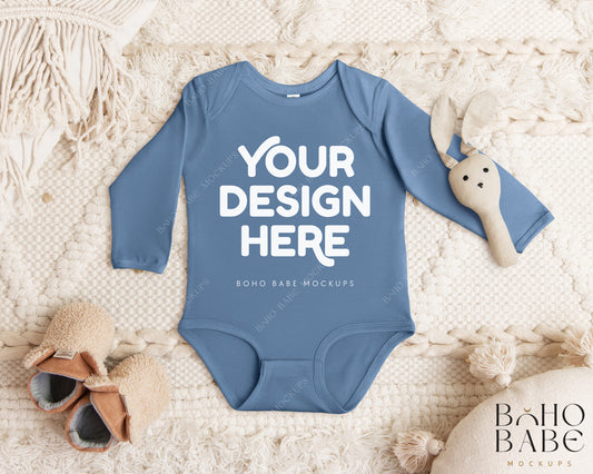 Rabbit Skins 4411 INDIGO Long Sleeve Bodysuit Mockup | Boho Babe Flatlay Mockup Design Vol.1