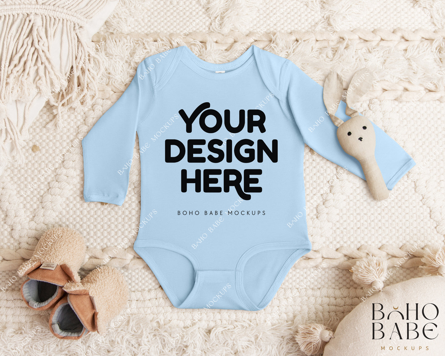 Rabbit Skins 4411 Baby Bodysuit Mockup Bundle | Boho Babe Flatlay Long Sleeve Mockup Design