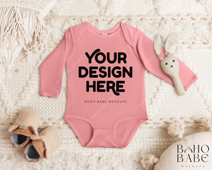 Rabbit Skins 4411 MAUVELOUS Long Sleeve Bodysuit Mockup | Boho Babe Flatlay Mockup Design Vol.1