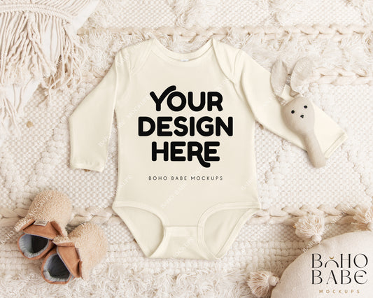 Rabbit Skins 4411 NATURAL Long Sleeve Bodysuit Mockup | Boho Babe Flatlay Mockup Design Vol.1