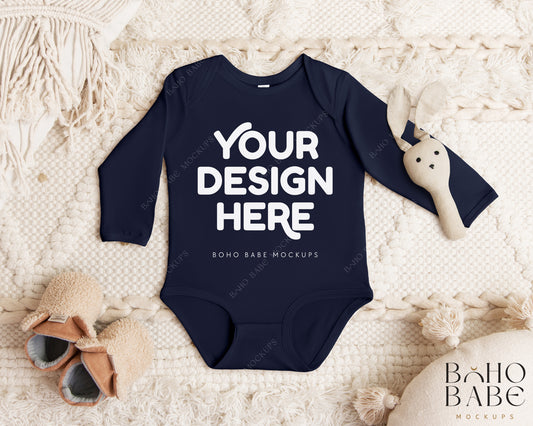 Rabbit Skins 4411 NAVY Long Sleeve Bodysuit Mockup | Boho Babe Flatlay Mockup Design Vol.1