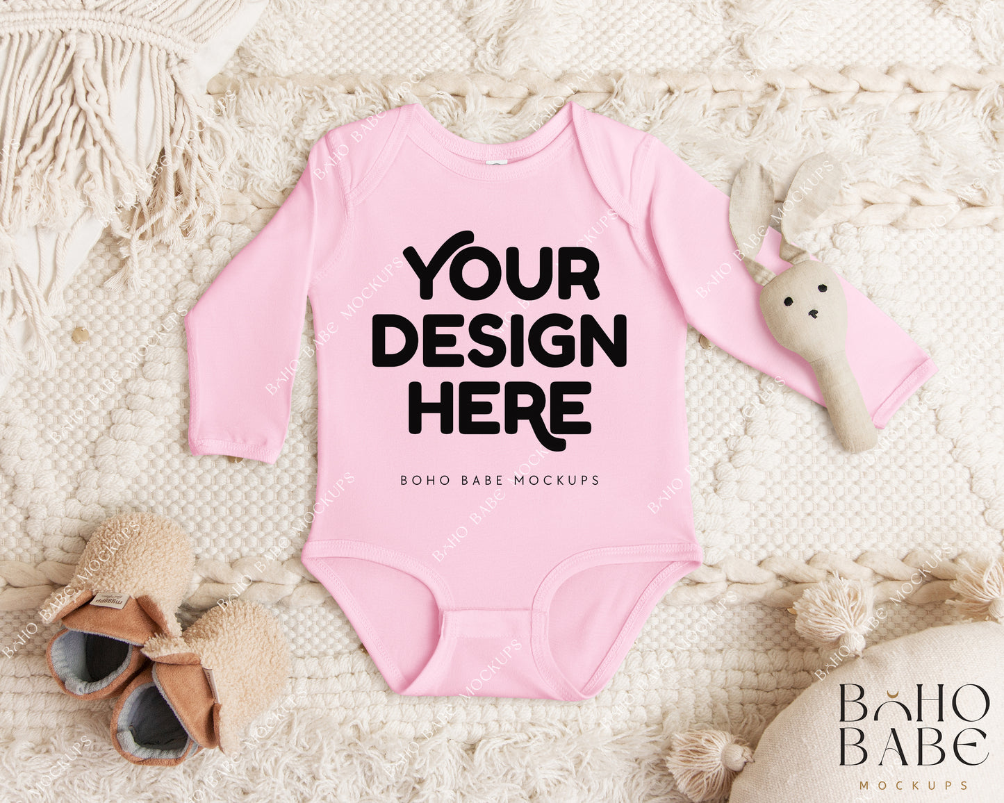 Rabbit Skins 4411 Baby Bodysuit Mockup Bundle | Boho Babe Flatlay Long Sleeve Mockup Design