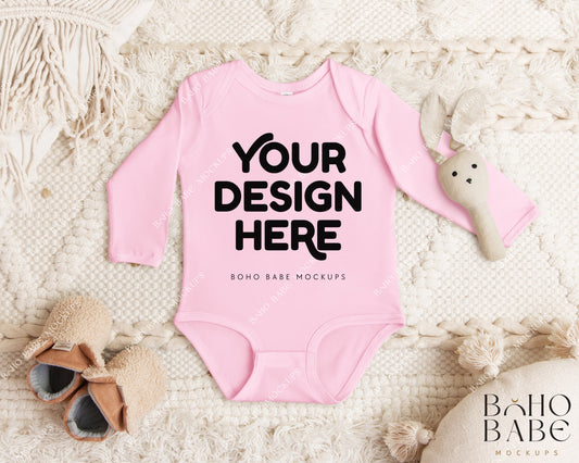 Rabbit Skins 4411 RASPBERRY Long Sleeve Bodysuit Mockup | Boho Babe Flatlay Mockup Design Vol.1