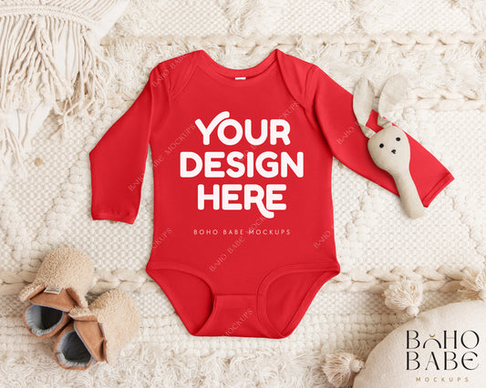 Rabbit Skins 4411 RED Long Sleeve Bodysuit Mockup | Boho Babe Flatlay Mockup Design Vol.1