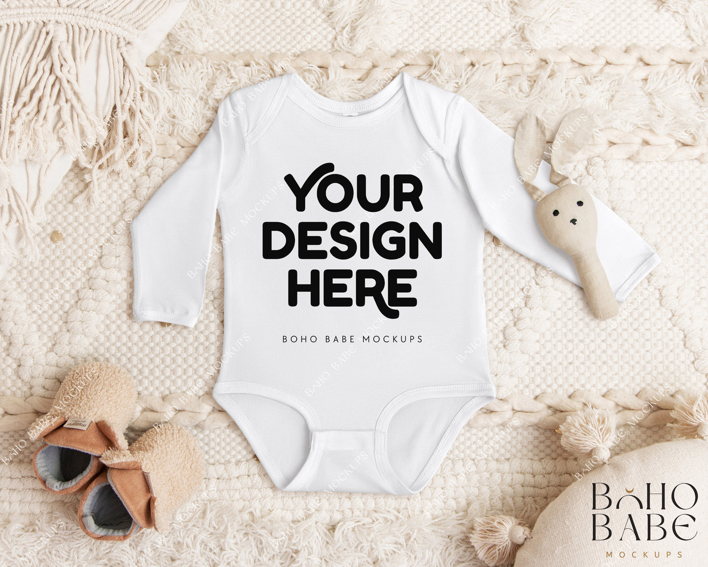 Rabbit Skins 4411 Baby Bodysuit Mockup Bundle | Boho Babe Flatlay Long Sleeve Mockup Design