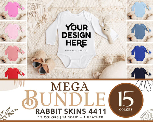 Rabbit Skins 4411 Baby Bodysuit Mockup Bundle | Boho Babe Flatlay Long Sleeve Mockup Design