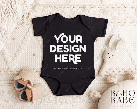 Rabbit Skins 4424 BLACK Short Sleeve Onesie Mockup | Boho Babe Flatlay Mockup Design Vol.1