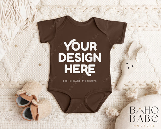 Rabbit Skins 4424 BROWN Short Sleeve Onesie Mockup | Boho Babe Flatlay Mockup Design Vol.1