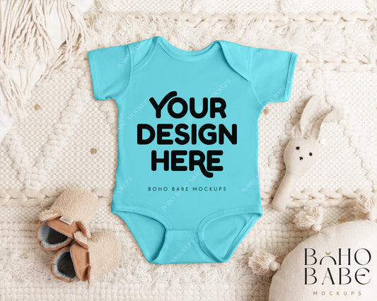 Rabbit Skins 4424 CARIBBEAN Short Sleeve Onesie Mockup | Boho Babe Flatlay Mockup Design Vol.1