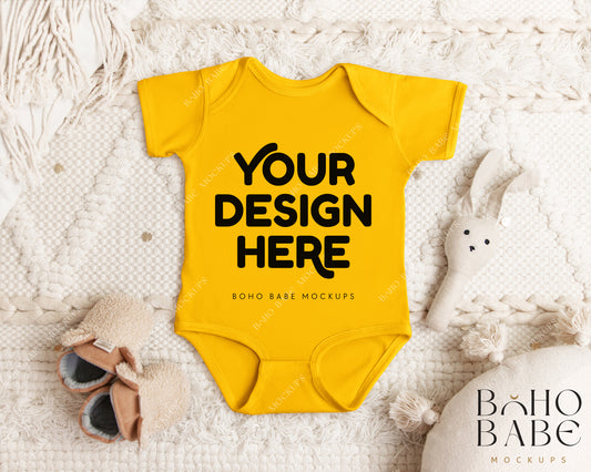 Rabbit Skins 4424 GOLD Short Sleeve Onesie Mockup | Boho Babe Flatlay Mockup Design Vol.1