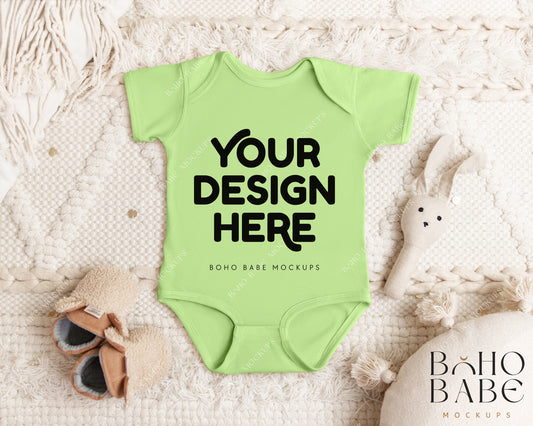 Rabbit Skins 4424 KEY LIME Short Sleeve Onesie Mockup | Boho Babe Flatlay Mockup Design Vol.1