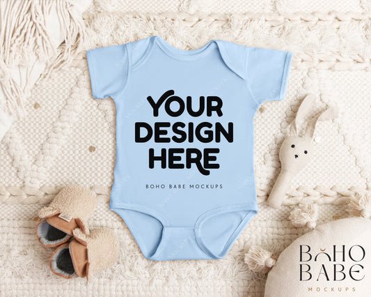 Rabbit Skins 4424 LIGHT BLUE Short Sleeve Onesie Mockup | Boho Babe Flatlay Mockup Design Vol.1