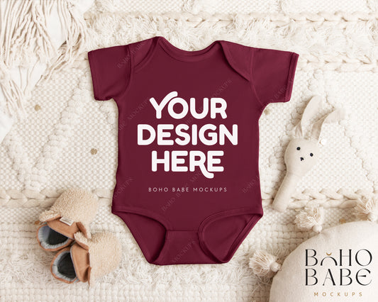 Rabbit Skins 4424 MAROON Short Sleeve Onesie Mockup | Boho Babe Flatlay Mockup Design Vol.1