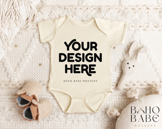 Rabbit Skins 4424 NATURAL Short Sleeve Onesie Mockup | Boho Babe Flatlay Mockup Design Vol.1