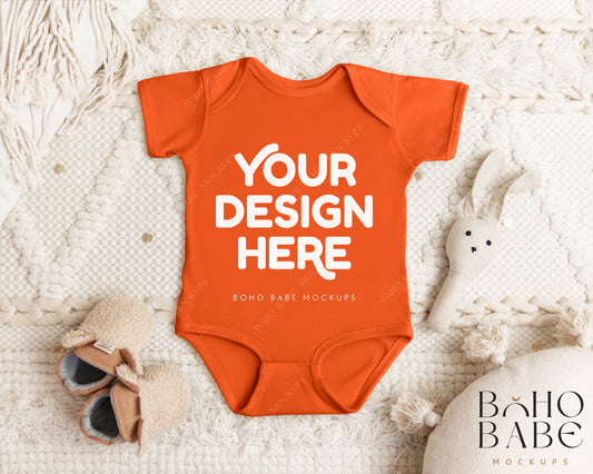 Rabbit Skins 4424 ORANGE Short Sleeve Onesie Mockup | Boho Babe Flatlay Mockup Design Vol.1