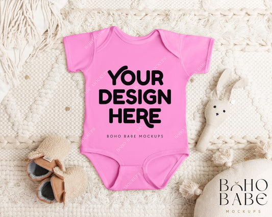 Rabbit Skins 4424 RASPBERRY Short Sleeve Onesie Mockup | Boho Babe Flatlay Mockup Design Vol.1