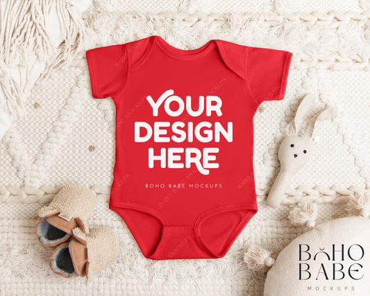 Rabbit Skins 4424 RED Short Sleeve Onesie Mockup | Boho Babe Flatlay Mockup Design Vol.1