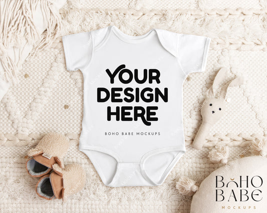 Rabbit Skins 4424 WHITE Short Sleeve Onesie Mockup | Boho Babe Flatlay Mockup Design Vol.1