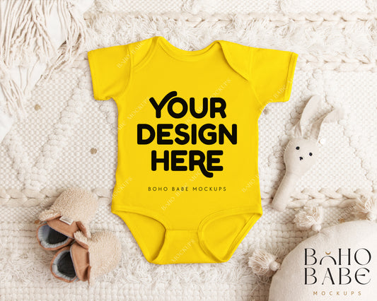 Rabbit Skins 4424 YELLOW Short Sleeve Onesie Mockup | Boho Babe Flatlay Mockup Design Vol.1