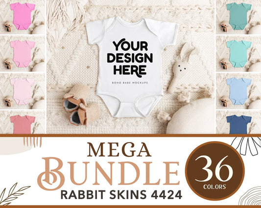 Rabbit Skins 4424 Baby Bodysuit Mockup Bundle | Boho Babe Flatlay Short Sleeve Mockup Design