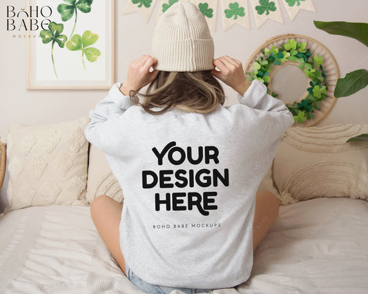 Gildan 18000 ASH GREY St. Patricks Day Model Mockup Back | Boho Design