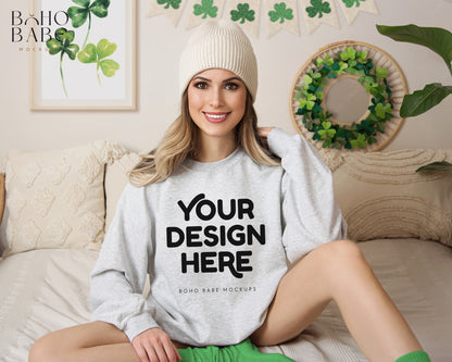 Gildan 18000 ASH GREY St. Patricks Day Model Mockup | Boho Design