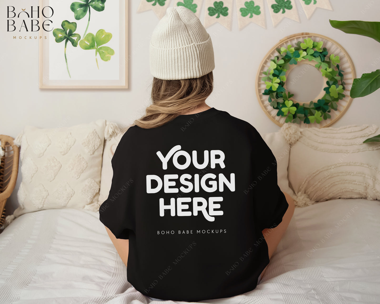 Gildan 18000 BLACK St. Patricks Day Model Mockup Back | Boho Design