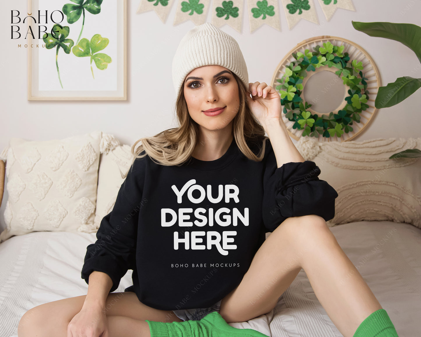 Gildan 18000 BLACK St. Patricks Day Model Mockup | Boho Design