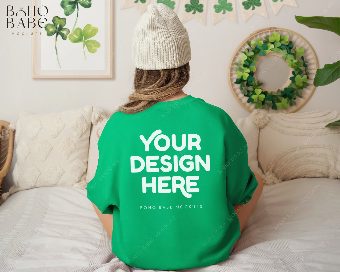 Gildan 18000 IRISH GREEN St. Patricks Day Model Mockup Back | Boho Design