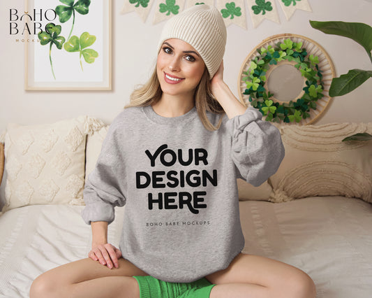 Gildan 18000 SPORT GREY St. Patricks Day Model Mockup | Boho Design