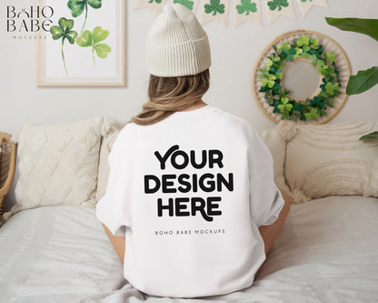 Gildan 18000 WHITE St. Patricks Day Model Mockup Back | Boho Design