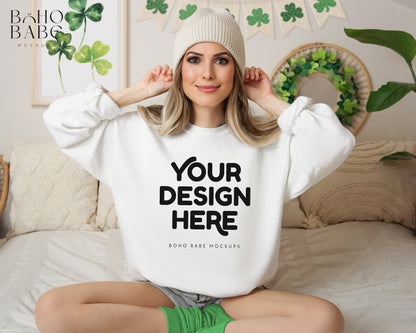 Gildan 18000 WHITE St. Patricks Day Model Mockup | Boho Design