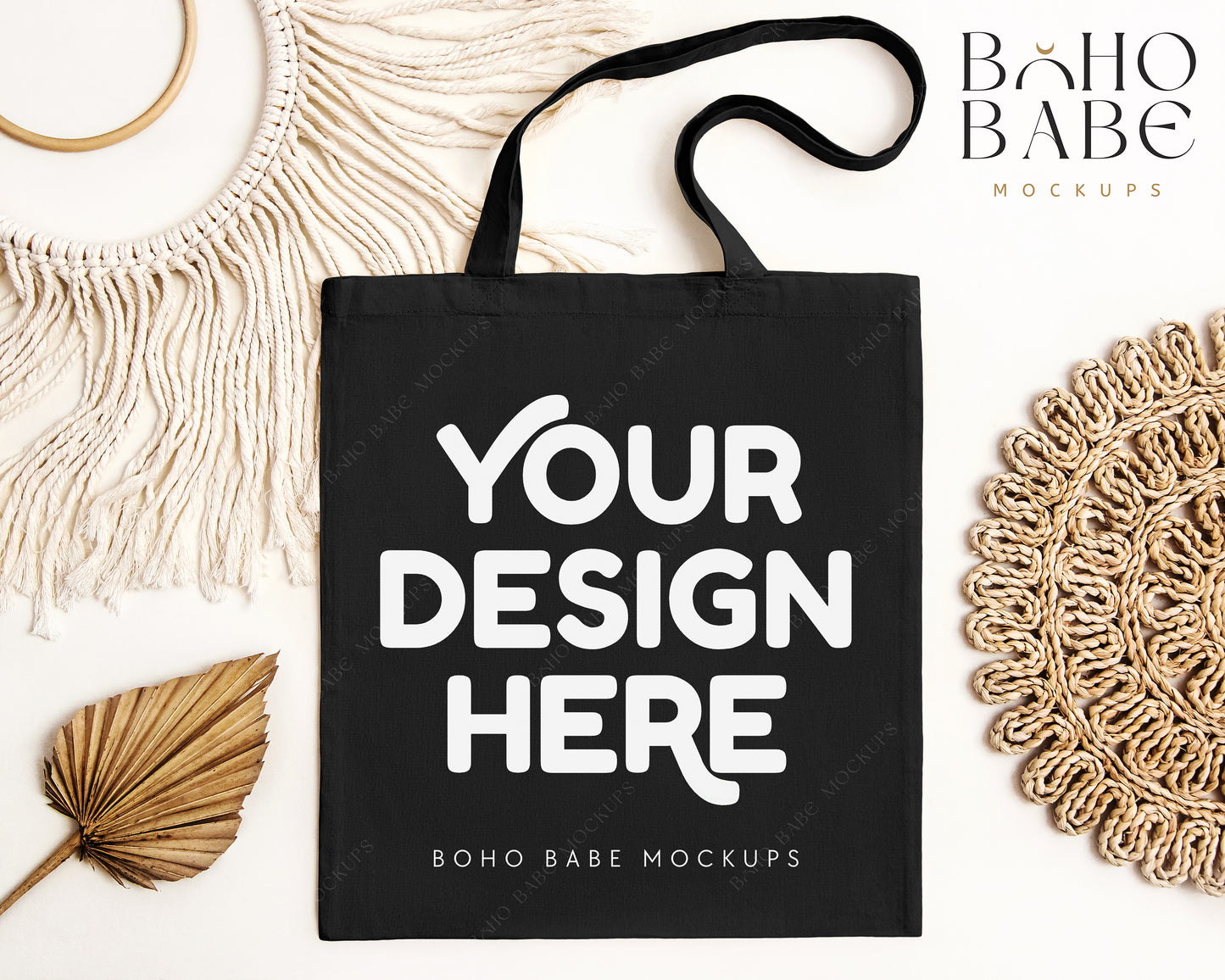 Tote Bag BLACK Mockup | Boho Babe Flatlay Mockup Design