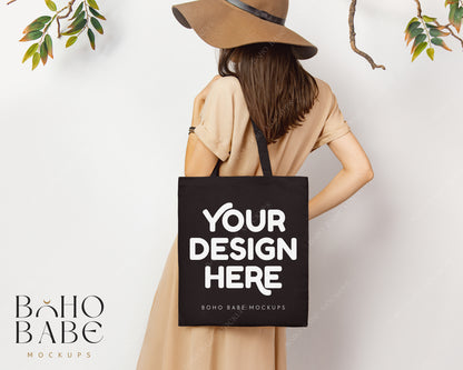 Tote Bag BLACK Mockup | Boho Babe Model Back Mockup Design