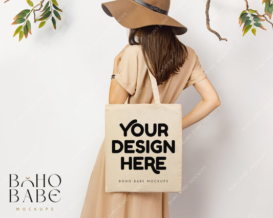 Tote Bag NATURAL Mockup | Boho Babe Model Back Mockup Design